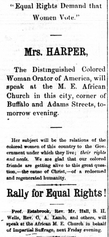 Ypsilanti Commercial. October 24, 1874. Frances Ellen Watkins Harper visits Ypsilanti and speaks at the church.